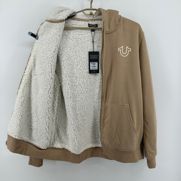 $164 NWT True Religion Mens LG True Sherpa Full Zip Hoodie Travertine Tan Buddha - Picture 5 of 12
